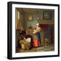 Nursemaid with Baby in an Interior and a Young Girl Preparing the Cradle-Pieter de Hooch-Framed Giclee Print