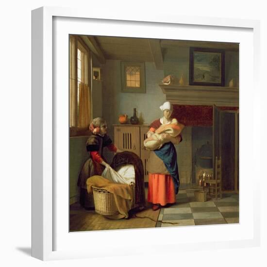 Nursemaid with Baby in an Interior and a Young Girl Preparing the Cradle-Pieter de Hooch-Framed Giclee Print