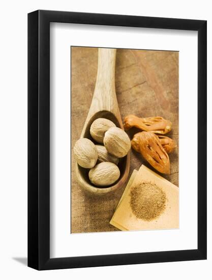 Nutmegs in Wooden Spoon, Mace and Ground Nutmeg-Foodcollection-Framed Photographic Print