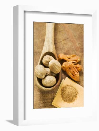 Nutmegs in Wooden Spoon, Mace and Ground Nutmeg-Foodcollection-Framed Photographic Print