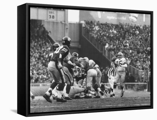 Ny Giants in Dark Jerseys, in a Football Game Against the Green Bay Packers at Yankee Stadium-John Loengard-Framed Stretched Canvas