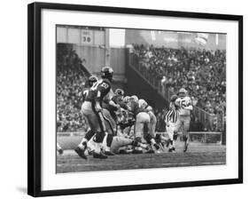 Ny Giants in Dark Jerseys, in a Football Game Against the Green Bay Packers at Yankee Stadium-John Loengard-Framed Premium Photographic Print