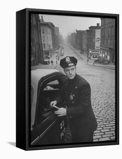 Ny Patrolman James Murphy Standing by His 23 Precinct Squad Car on Street of His East Harlem Beat-Tony Linck-Framed Stretched Canvas