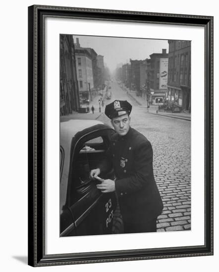 Ny Patrolman James Murphy Standing by His 23 Precinct Squad Car on Street of His East Harlem Beat-Tony Linck-Framed Photographic Print