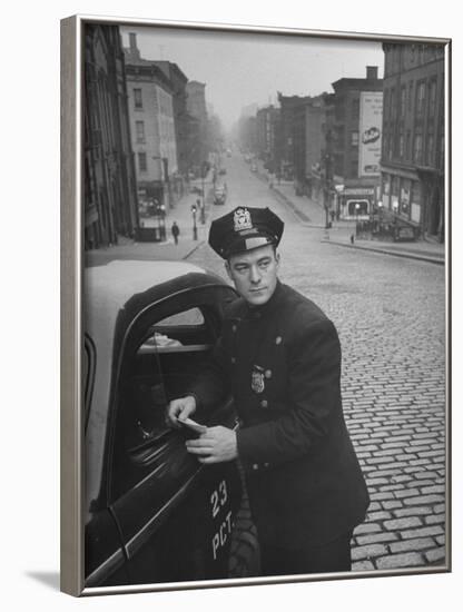 Ny Patrolman James Murphy Standing by His 23 Precinct Squad Car on Street of His East Harlem Beat-Tony Linck-Framed Photographic Print