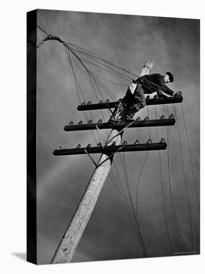 NY Telephone Co. Lineman Wallace Burdick Repairs Telephone Lines Between Valhalla and Brewster-Margaret Bourke-White-Stretched Canvas