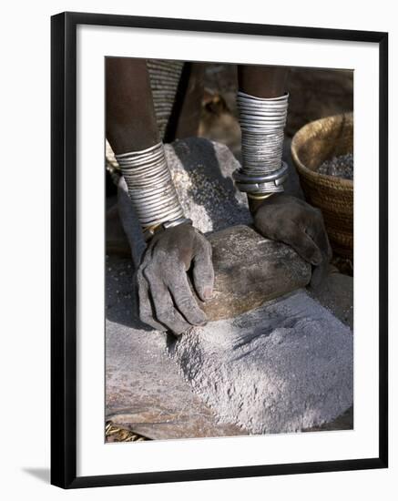 Nyagatom Woman Grinds Sorghum Using Two Stones, Omo River, South-Western Ethiopia-John Warburton-lee-Framed Photographic Print