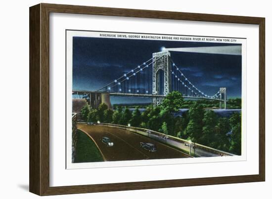 NYC, New York - Riverside Drive View of G. Washington Bridge, Hudson at Night-Lantern Press-Framed Art Print