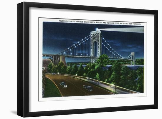 NYC, New York - Riverside Drive View of G. Washington Bridge, Hudson at Night-Lantern Press-Framed Art Print