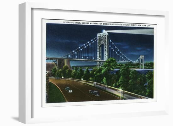 NYC, New York - Riverside Drive View of G. Washington Bridge, Hudson at Night-Lantern Press-Framed Art Print