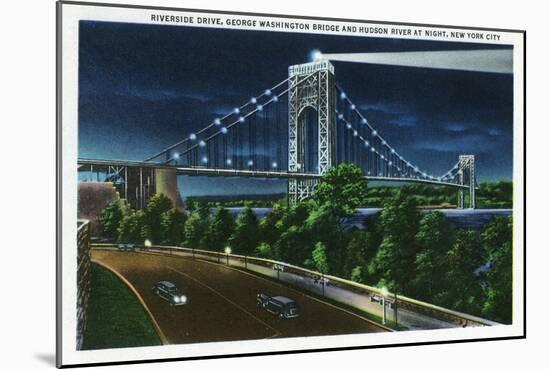 NYC, New York - Riverside Drive View of G. Washington Bridge, Hudson at Night-Lantern Press-Mounted Art Print