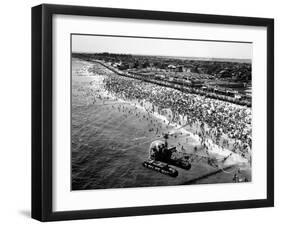 NYC Police Helicopter Hovering over Independence Day Crowd at Beach at Far Rockaway-null-Framed Photographic Print