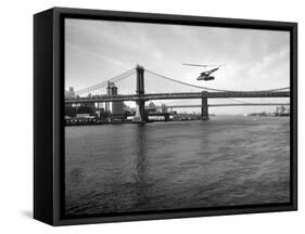 NYC Police Helicopter Hovering over the East River Next to the Manhattan Bridge-null-Framed Stretched Canvas