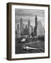 Nyc Police Helicopter Passing over Downtown Skyport on the Waterfront in Lower Manhattan-Margaret Bourke-White-Framed Photographic Print