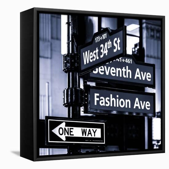 NYC Street Signs in Manhattan by Night - 34th Street, Seventh Avenue and Fashion Avenue Signs-Philippe Hugonnard-Framed Stretched Canvas