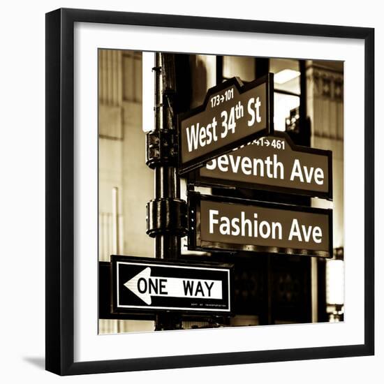 NYC Street Signs in Manhattan by Night - 34th Street, Seventh Avenue and Fashion Avenue Signs-Philippe Hugonnard-Framed Photographic Print