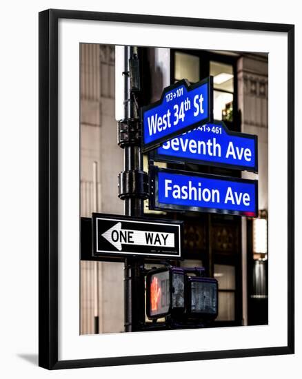 NYC Street Signs in Manhattan by Night - 34th Street, Seventh Avenue and Fashion Avenue Signs-Philippe Hugonnard-Framed Photographic Print