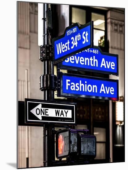 NYC Street Signs in Manhattan by Night - 34th Street, Seventh Avenue and Fashion Avenue Signs-Philippe Hugonnard-Mounted Photographic Print