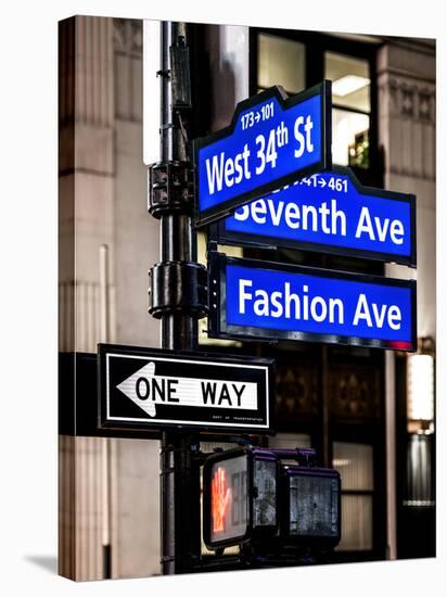 NYC Street Signs in Manhattan by Night - 34th Street, Seventh Avenue and Fashion Avenue Signs-Philippe Hugonnard-Stretched Canvas