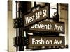 NYC Street Signs in Manhattan by Night - 34th Street, Seventh Avenue and Fashion Avenue Signs-Philippe Hugonnard-Stretched Canvas