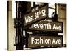 NYC Street Signs in Manhattan by Night - 34th Street, Seventh Avenue and Fashion Avenue Signs-Philippe Hugonnard-Stretched Canvas