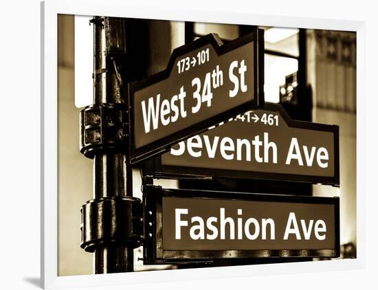 NYC Street Signs in Manhattan by Night - 34th Street, Seventh Avenue and Fashion Avenue Signs-Philippe Hugonnard-Framed Photographic Print