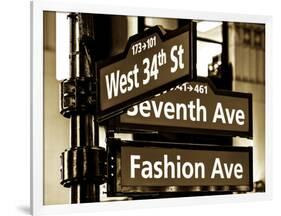 NYC Street Signs in Manhattan by Night - 34th Street, Seventh Avenue and Fashion Avenue Signs-Philippe Hugonnard-Framed Photographic Print