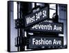 NYC Street Signs in Manhattan by Night - 34th Street, Seventh Avenue and Fashion Avenue Signs-Philippe Hugonnard-Framed Stretched Canvas