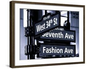 NYC Street Signs in Manhattan by Night - 34th Street, Seventh Avenue and Fashion Avenue Signs-Philippe Hugonnard-Framed Photographic Print