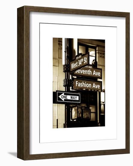 NYC Street Signs in Manhattan by Night - 34th Street, Seventh Avenue and Fashion Avenue Signs-Philippe Hugonnard-Framed Art Print