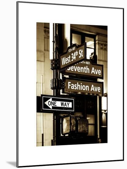 NYC Street Signs in Manhattan by Night - 34th Street, Seventh Avenue and Fashion Avenue Signs-Philippe Hugonnard-Mounted Art Print