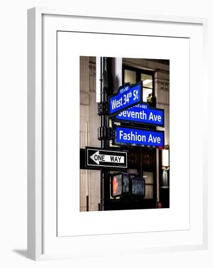 NYC Street Signs in Manhattan by Night - 34th Street, Seventh Avenue and Fashion Avenue Signs-Philippe Hugonnard-Framed Art Print