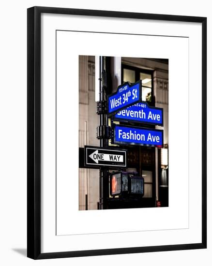 NYC Street Signs in Manhattan by Night - 34th Street, Seventh Avenue and Fashion Avenue Signs-Philippe Hugonnard-Framed Art Print