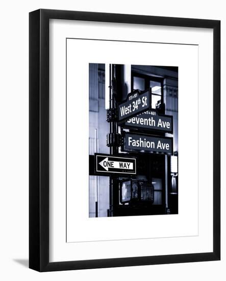 NYC Street Signs in Manhattan by Night - 34th Street, Seventh Avenue and Fashion Avenue Signs-Philippe Hugonnard-Framed Art Print