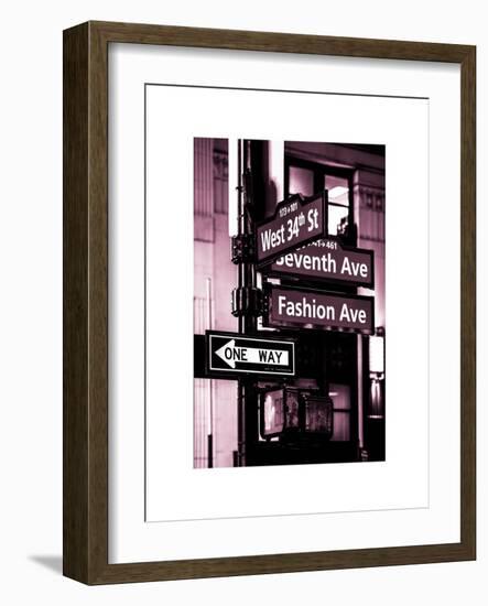 NYC Street Signs in Manhattan by Night - 34th Street, Seventh Avenue and Fashion Avenue Signs-Philippe Hugonnard-Framed Art Print