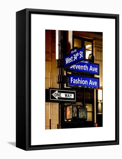 NYC Street Signs in Manhattan by Night - 34th Street, Seventh Avenue and Fashion Avenue Signs-Philippe Hugonnard-Framed Stretched Canvas