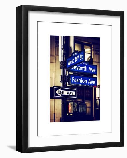 NYC Street Signs in Manhattan by Night - 34th Street, Seventh Avenue and Fashion Avenue Signs-Philippe Hugonnard-Framed Art Print