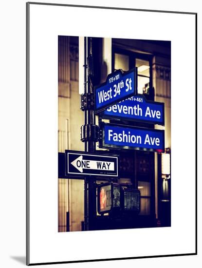 NYC Street Signs in Manhattan by Night - 34th Street, Seventh Avenue and Fashion Avenue Signs-Philippe Hugonnard-Mounted Art Print