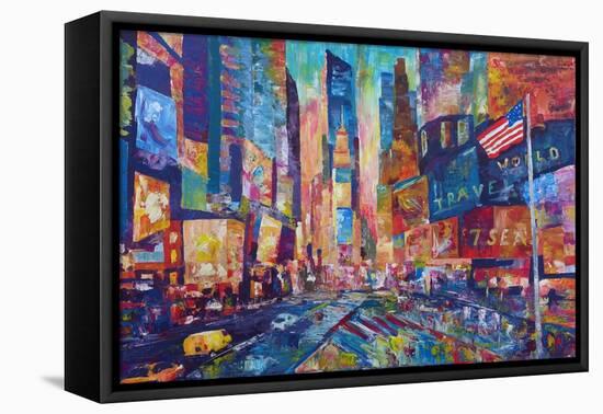 NYC Timeless Times Square with US Flag in Manhattan-M. Bleichner-Framed Stretched Canvas