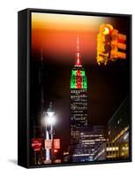 NYC Urban Street Scene - The Empire State Building at Night with a Red Light-Philippe Hugonnard-Framed Stretched Canvas