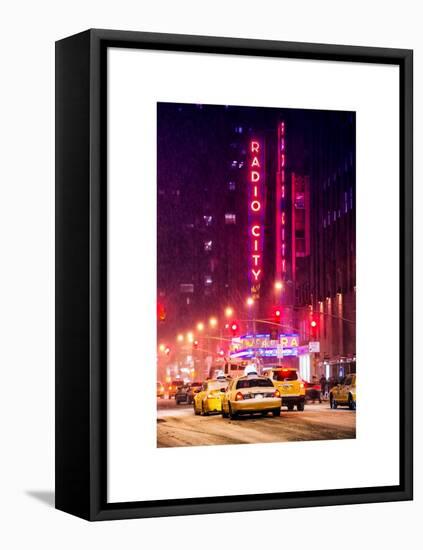 NYC Yellow Taxis in Manhattan under the Snow in front of the Radio City Music Hall-Philippe Hugonnard-Framed Stretched Canvas