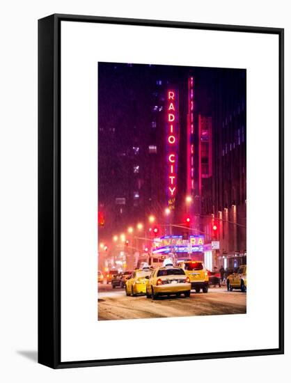 NYC Yellow Taxis in Manhattan under the Snow in front of the Radio City Music Hall-Philippe Hugonnard-Framed Stretched Canvas