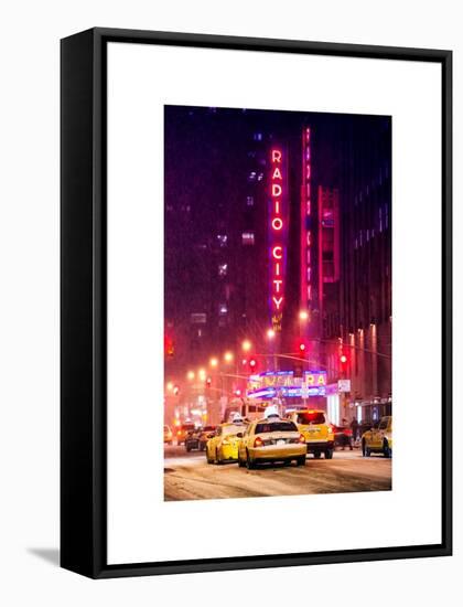 NYC Yellow Taxis in Manhattan under the Snow in front of the Radio City Music Hall-Philippe Hugonnard-Framed Stretched Canvas