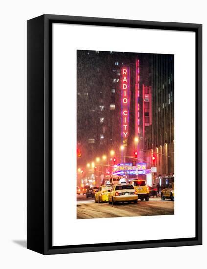 NYC Yellow Taxis in Manhattan under the Snow in front of the Radio City Music Hall-Philippe Hugonnard-Framed Stretched Canvas