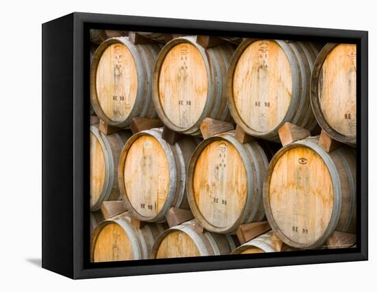 Oak Barrels in Winery, Sonoma Valley, California, USA-Julie Eggers-Framed Stretched Canvas