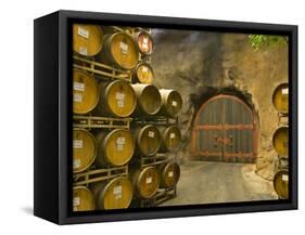 Oak Barrels Stacked Outside of Door at Ironstone Winery, Calaveras County, California, USA-Janis Miglavs-Framed Stretched Canvas