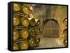 Oak Barrels Stacked Outside of Door at Ironstone Winery, Calaveras County, California, USA-Janis Miglavs-Framed Stretched Canvas