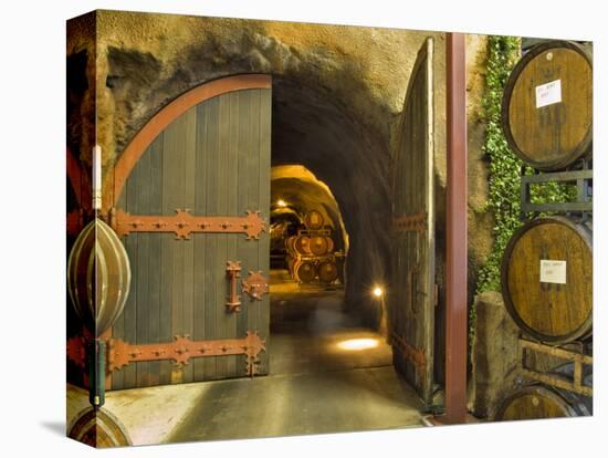 Oak Barrels Stacked Outside of Open Door To Aging Caves at Ironstone Winery, California, USA-Janis Miglavs-Stretched Canvas