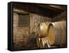 Oak Barrique Barrels with Aging Red Wine, Jute Chateau Belingard, Bergerac, Dordogne, France-Per Karlsson-Framed Stretched Canvas