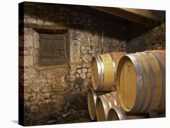 Oak Barrique Barrels with Aging Red Wine, Jute Chateau Belingard, Bergerac, Dordogne, France-Per Karlsson-Stretched Canvas